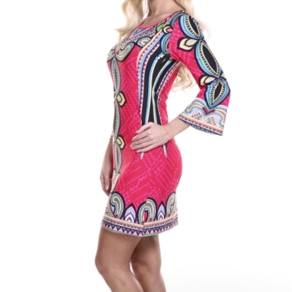 White Mark Pink and Black Patterned Midi Dress